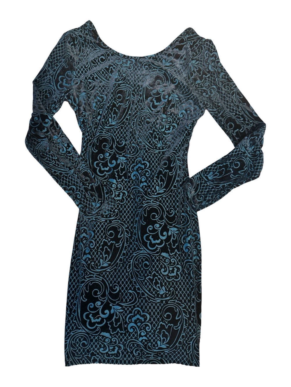 Guess Velvet Burnout Paisley Dress Teal Black Long Sleeve Bodycon. Size 6. 17” P